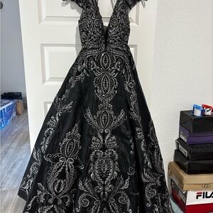 Embellished Black Ball Gown with Silver Detail Prom Dress